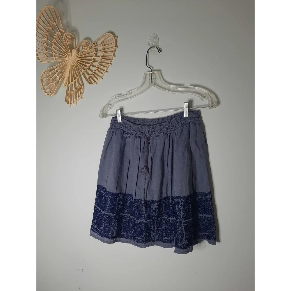 J.Crew Blue Chambray Embroidered Mini Skirt Smocked Waist Tassel Cotton Small